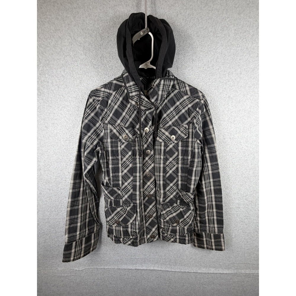 Maurices Jacket Womens Large Black Plaid Flannel Hooded Button Front Pockets